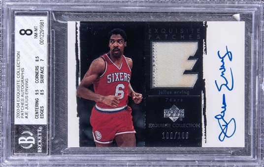 2003-04 UD "Exquisite Collection" Patches Autographs #JE Julius Erving Signed Game Used Patch Card (#100/100) - BGS NM-MT 8/BGS 10
